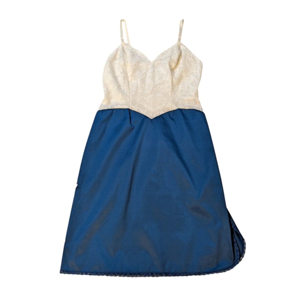 Vintage 90s Lace Bodice Slip Dress Blue Cream Cottagecore Lingerie